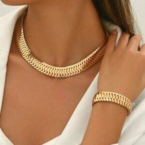 18K Gold over Sterling Silver Flat Link Necklace & Bracelet Set